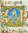 MANUSCRIPT LEAF ASCENSION. Vellum leaf from a Latin gradual with illuminated initial V. Florence, 15th century